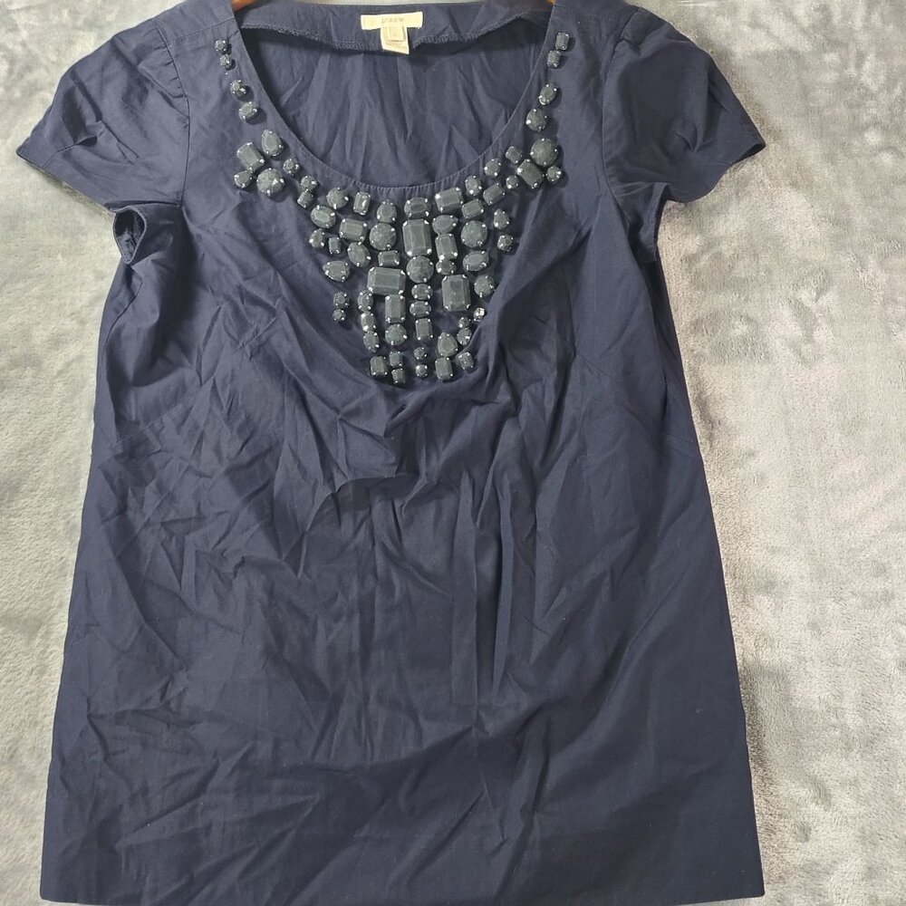 J Crew‎ Womens Navy Jeweled Scoop Neck Tee Top 0 Embellished Cotton Style 21840